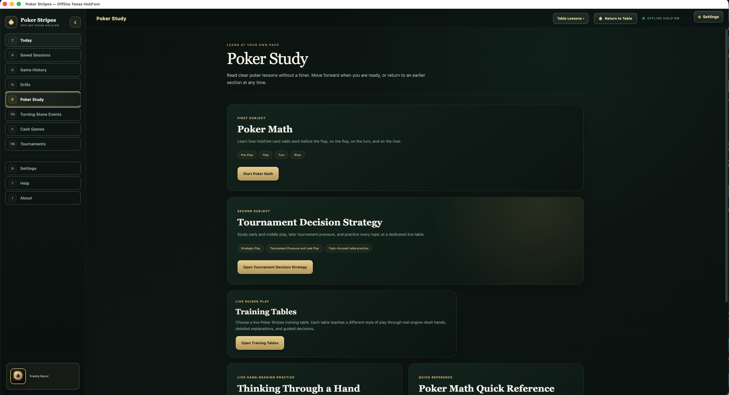 Unedited Poker Stripes screenshot showing Poker Math, Tournament Decision Strategy, and Training Tables.