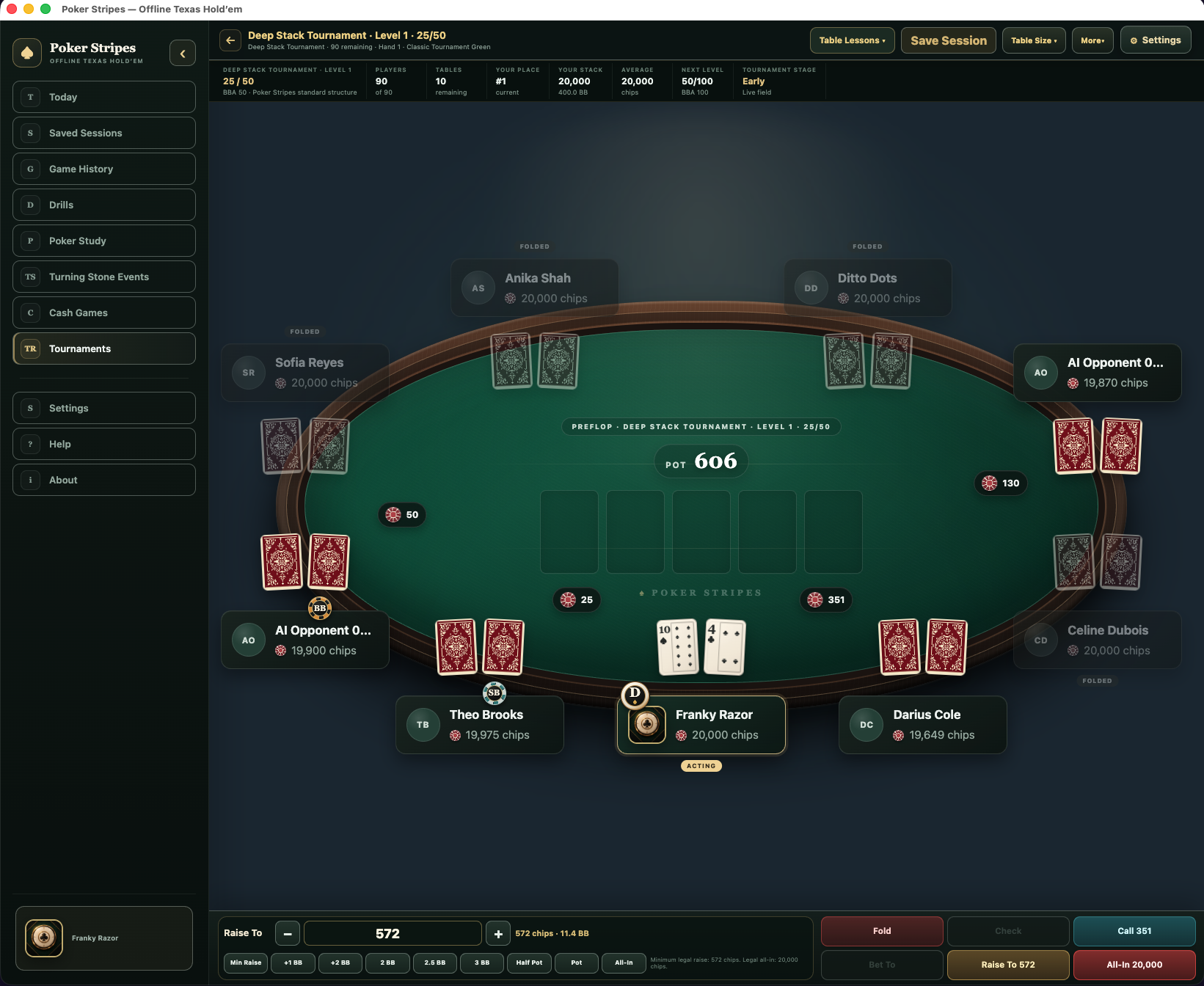 Unedited Poker Stripes screenshot showing a live Deep Stack Tournament table with opponents, cards, chips, and decision controls.