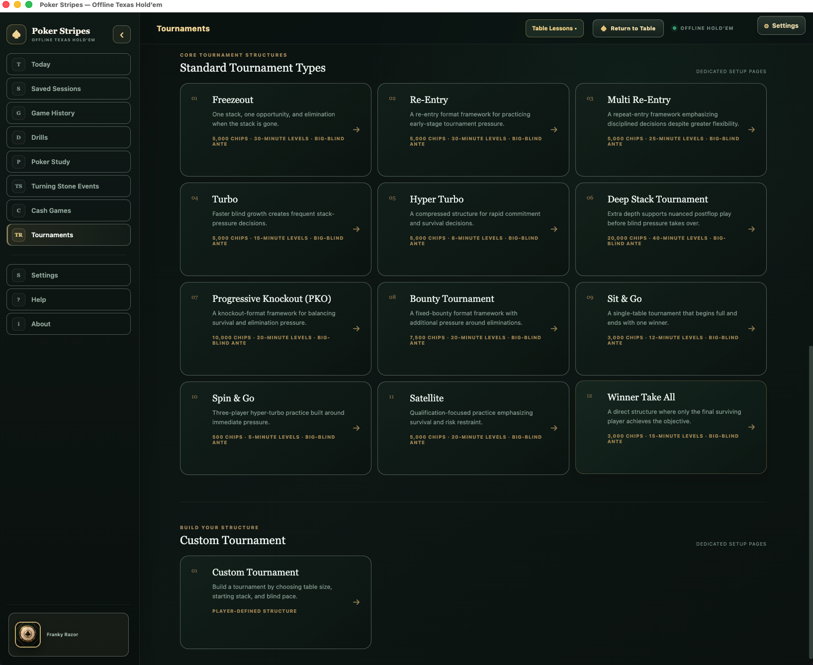 Unedited Poker Stripes screenshot showing standard tournament formats including Freezeout, Turbo, Deep Stack, and Sit & Go.